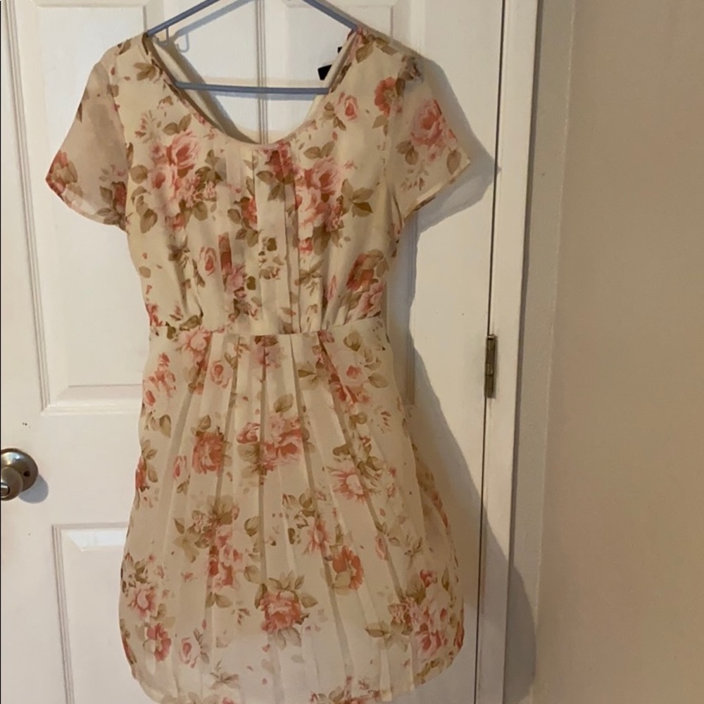 Beige and pastel pink floral tea  dress